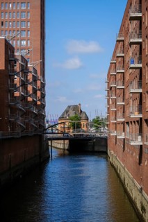 Hamburg, Germany - Warehouses in the Speicherstadt, harbour police station behind