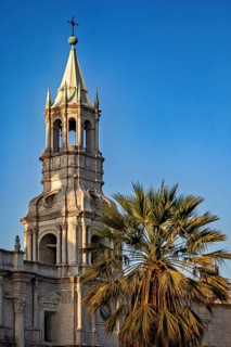 Close-up of a cathedral tower next to palm trees under bright blue sky, The Basilica Cathedral of