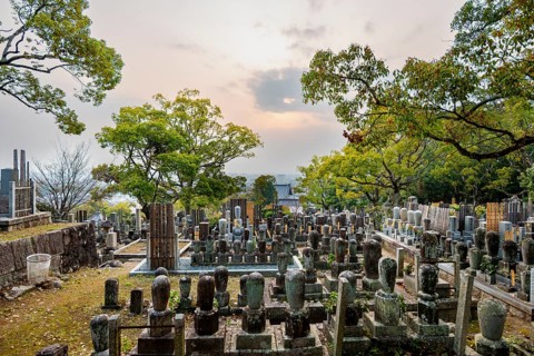 Tombstones at cemetery at sunset, Konkai-Komyoji Temple, Kurodanicho, Kyoto, Japan