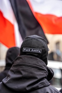 The neo-Nazi group Jung und Stark, JS, demonstrates in the city centre of Essen, demanding the