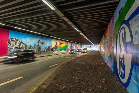 Huge street art pictures in a road tunnel in Gelsenkirchen, the approximately 120 meter long
