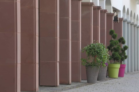 Colonnade with red pillars, Dr.-Winfried-Stephan-Platz, Kelkheim, Hesse, Germany