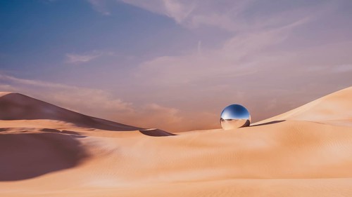This surreal desert landscape showcases rolling dunes under a pastel sky, with a reflective