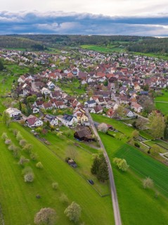 Aerial view of a quiet village landscape with houses and rows of trees along the paths, Ostelsheim,