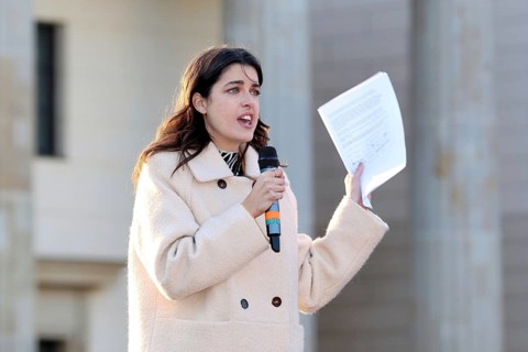 Marie Nasemann speaks at the demonstration Against Sexualized Digital Violence - Solidarity with