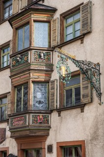 Detailed view of the former Gasthaus zum goldenen Becher in the historic old town of Rottweil,