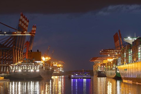 Blue hour, container ships, container bridges, paddle steamers Louisiana Star, Eurogate,