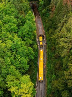 Yellow train travelling through a tunnel in a forest, bird's eye view, tamping machine, Hermann
