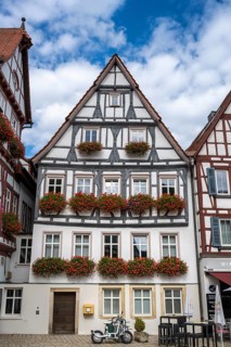 Half-timbered houses on the market square of Bad Urach, Reutlingen district, Baden-Württemberg,