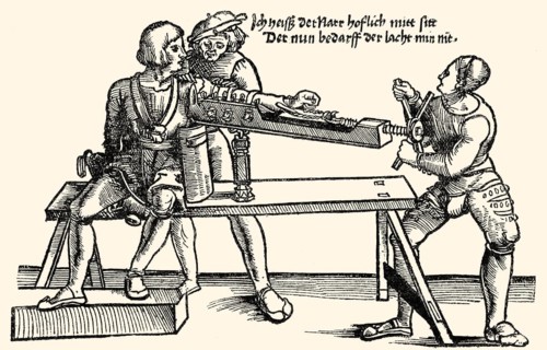 Arm extension on a stretching rack, orthopedic therapy, woodcut from Feldtbuch der Wundartzney by