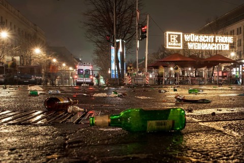 BERLIN, GERMANY - JANUARY 1, 2019: 2018: Mess on the street after New Year Eve celebrations