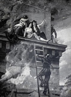Fire service, fireman rescues people who fled on the roof ledge from the fire, 1896, illustration,