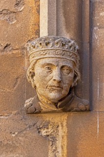 Head carved in stone, portrait, Bodleian Library, inner courtyard, Old Schools Quadrangle, Oxford,