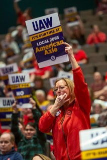 Three Rivers, Michigan USA - 29 March 2026 - Members of the United Auto Workers rally for better