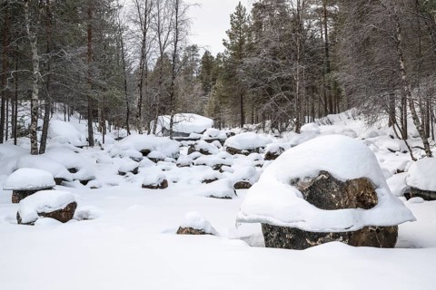 Frozen and snowy stream, Lapland, Finland, January 2025