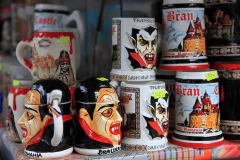Souvenir sale at Bran Castle, marketing of Dracula, printed here on cups, Törzburg, in