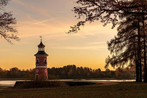Lighthouse at Fasanenschlösschen in Moritzburg at sunrise, Saxony, Germany