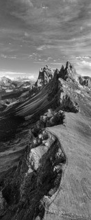 The peaks Sas Rigais and Furchetta of the Geisler Group, panoramic photo, drone photo, black and
