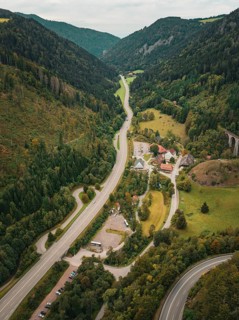 Valley with village, roads and wooded hills, Ravenna Gorge, Black Forest, Germany
