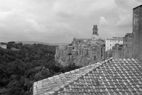 Pitigliano, ancient Etruscan town built on tuff stone, mentioned in 1061, black and white, Tuscany,