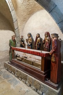 Life-size polychrome wooden entombment at Eglise Saint-Roch in Aubazat, Haute-Loire, Haut Allier,