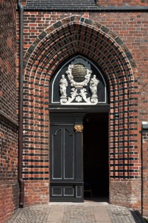 Main entrance portal of St Nicholas' Church, late Gothic brick building, built between 1381 and