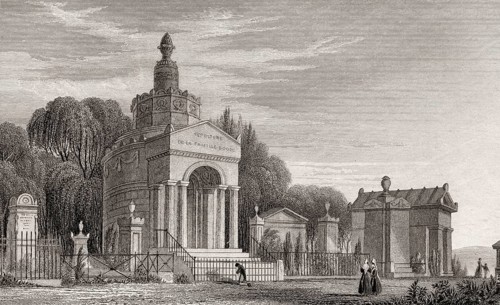 Père Lachaise Cemetery, Paris, antique steel engraved print, 1831
