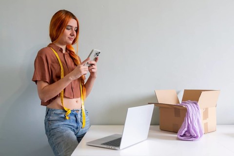 A woman organizes her clothes to sell online. She uses her phone to photograph items, and her