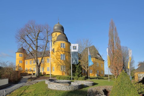Baroque castle with flags, landmark, Montabaur, Rhineland-Palatinate, Germany