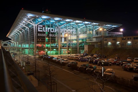 Terminal of EuroAirport Basel Mulhouse (EAP), night shot, Mulhouse, France