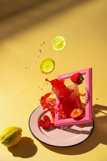 A vibrant strawberry drink splashes out of a glass, framed by a pink border. Sliced lemons and