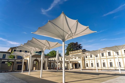 Umbrellas at Luitpoldbad im Staatsbad Bad Kissingen, Lower Franconia, Bavaria, Germany