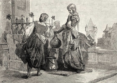 Margaret and Bessy at the Well, first part of the tragic play Faust by Johann Wolfgang von Goethe