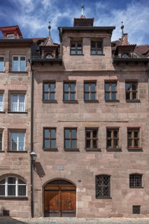 Historic roof oriel, Obere Krämergasse 12, Nuremberg, Middle Franconia, Bavaria, Germany