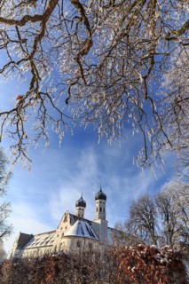 Trees in hoarfrost, sunny, monastery, church, Benediktbeuern Monastery, Bavaria, Germany