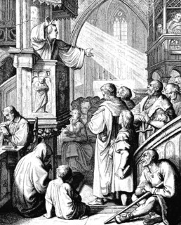 Martin Luther preaching from the pulpit, church, interior, altar, organ, alms, ray of light,