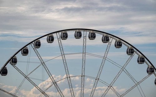 Gondolas, towering Ferris wheel against a cloudy sky, overseas port, Rostock, Mecklenburg-Western