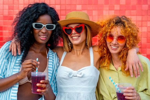 Three cheerful multi ethnic women embracing each other, wearing sunglasses, and enjoying refreshing