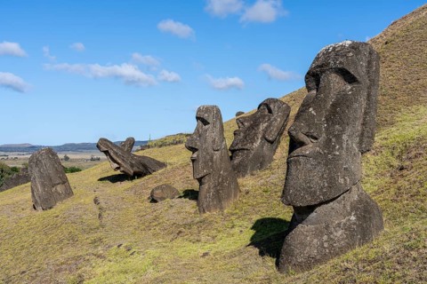Moai stone statues on the slope of the Rano Raraku volcano, partly standing upright, partly