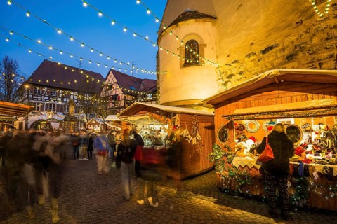 Christmas market, blue hour, Eguisheim, Haut-Rhin, Grand Est Region, Alsace, France