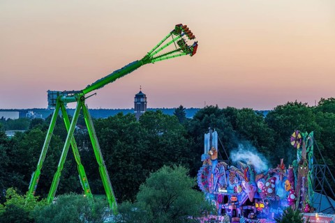 Colourfully lit rides at the Aschaffenburger Volksfest, Aschaffenburg, Lower Franconia, Bavaria,