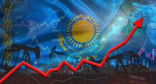 Growth of oil industry with Kazakh flag. Oil pumps with Kazakh flag. Oil production with Kazakhstan