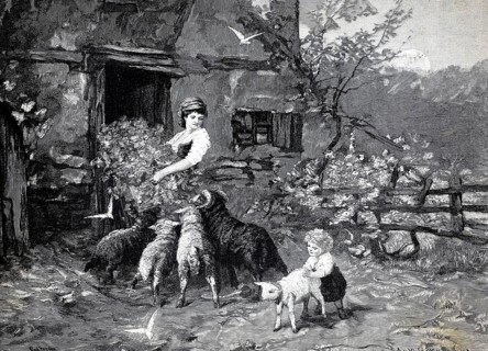In front of the sheepfold, the farmer brings a bundle of fresh grass and her child plays with a