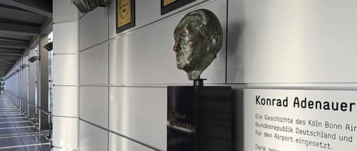 Bronze bust in memory of Konrad Adenauer at Cologne Bonn Airport, North Rhine-Westphalia, Germany