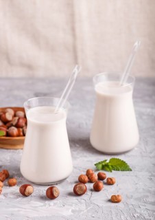 Organic non dairy hazelnut milk in glass and wooden plate with hazelnuts on a gray concrete