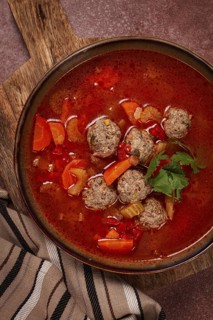 Romanian soup with meatballs, vegetable soup with meatballs, homemade, no people