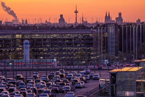 Cologne-Bonn Airport car parks, Cologne city center skyline, Cathedral, North Rhine-Westphalia,