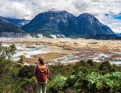 Hiking woman, glacier tongue, glacier Exploradores, Valle Exploradores, near Puerto Rio Tranquilo,