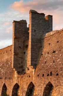 Historic city wall in the evening light, Hanseatic city of Visby, UNESCO World Heritage Site,