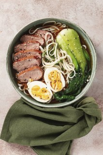 Ramen soup with duck and noodles, with eggs and bok choy, homemade, no people